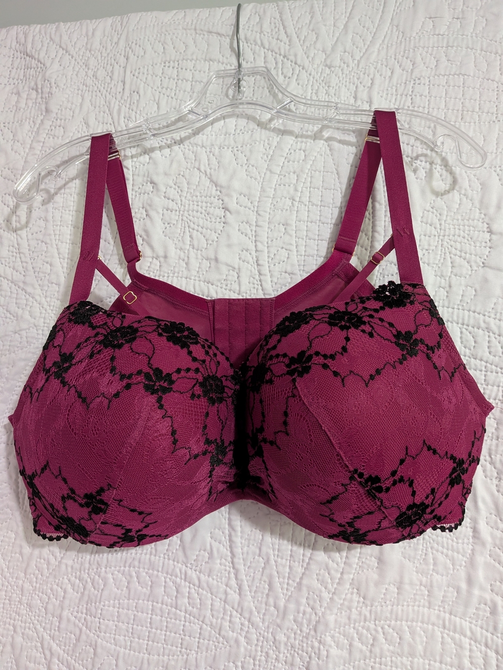 Cacique Raspberry Lace Max Boost Plunge Underwire Bra with Black Floral Overlay